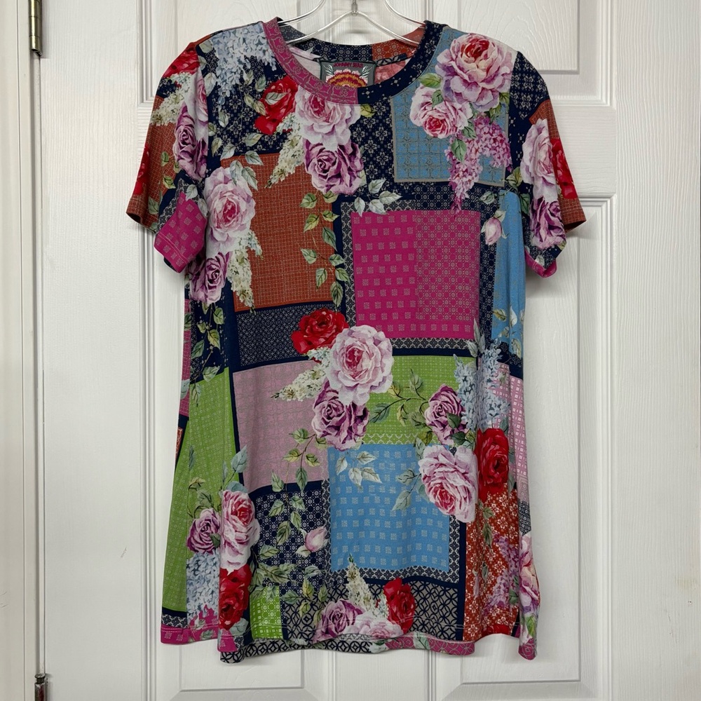 Johnny Was Floral Patchwork Bamboo Short Sleeve SOFT Top Sz S